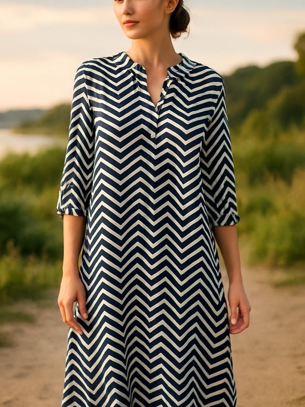 Utsa Navy and White Chevron Long-Sleeve‎ Maxi Dress Coverup Size L